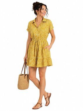 Shibever Yellow Floral Dress Medium Rayon Short Sleeve Summer Sundress